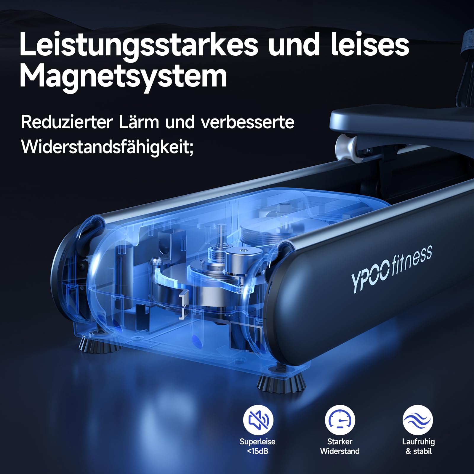 YPOO Rudergerät für Zuhause, Leises magnetisches Rudergerät, mit 16 Widerstandsstufen und doppelter Gleitschiene – Belastbarkeit bis 150 kg, mit LCD-Display, gepolstertem Sitz und App-Unterstützung