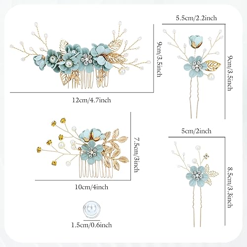 Miniatura 7 de inSowni Paquete de 20 peines laterales de boda con flores blancas y rosas y azules + horquillas para el cabello con flores y perlas en espiral,