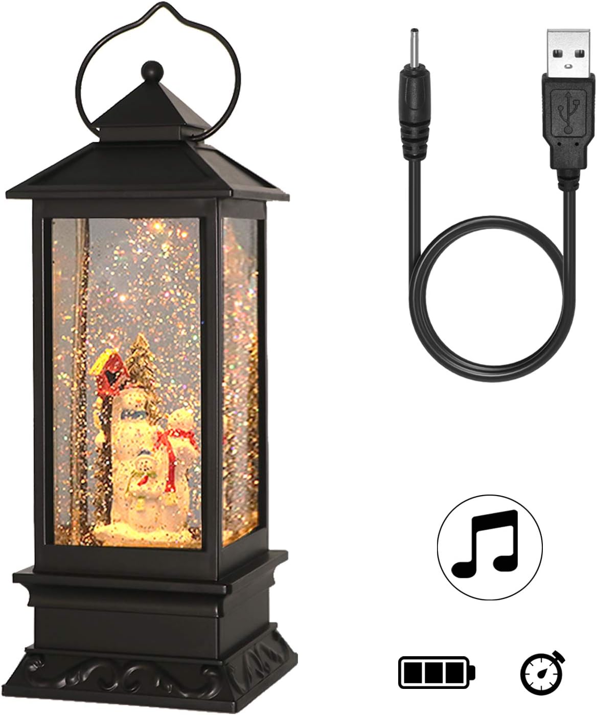 DRomance Snowman Music Snow Globe Lantern with Timer Battery Operated & USB Powered Lighted Singing Snow Globe Lamp Spinning Water Swirling Glitters Christmas Decor 4" x 4" x 12" - Image 2