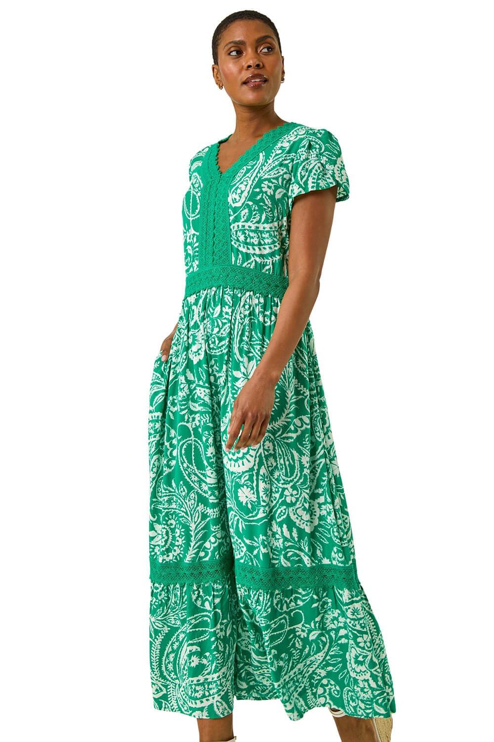Roman Originals Women's Green Paisley Lace Trim Maxi Dress For Uk - Everyday Holiday Spring Summer V-Neckline Comfy Soft Evening Vacation Work Party - Size 18