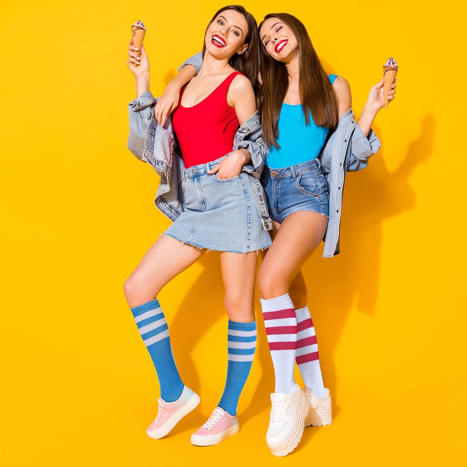 Hercicy 12 Pairs Knee High Tube Socks for Women Colorful Striped Athletic Socks for Baseball Softball Football Soccer Sport
