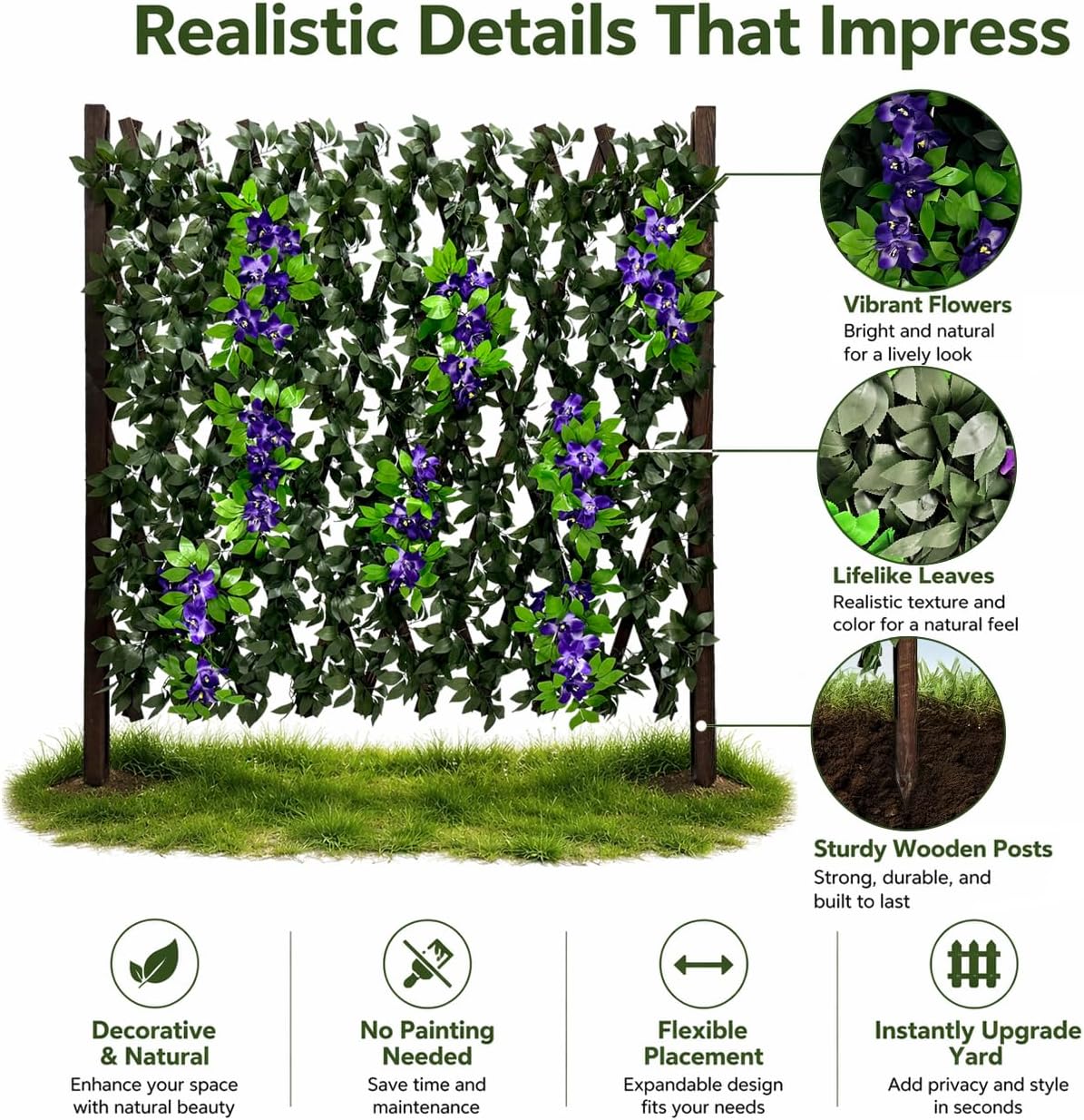 86 York Expandable Wooden Privacy Fence with Artificial Flowers & Greenery, In-Ground Decorative Outdoor Privacy Screen to Hide AC Units & Trash Cans, Garden & Yard Decor Panel