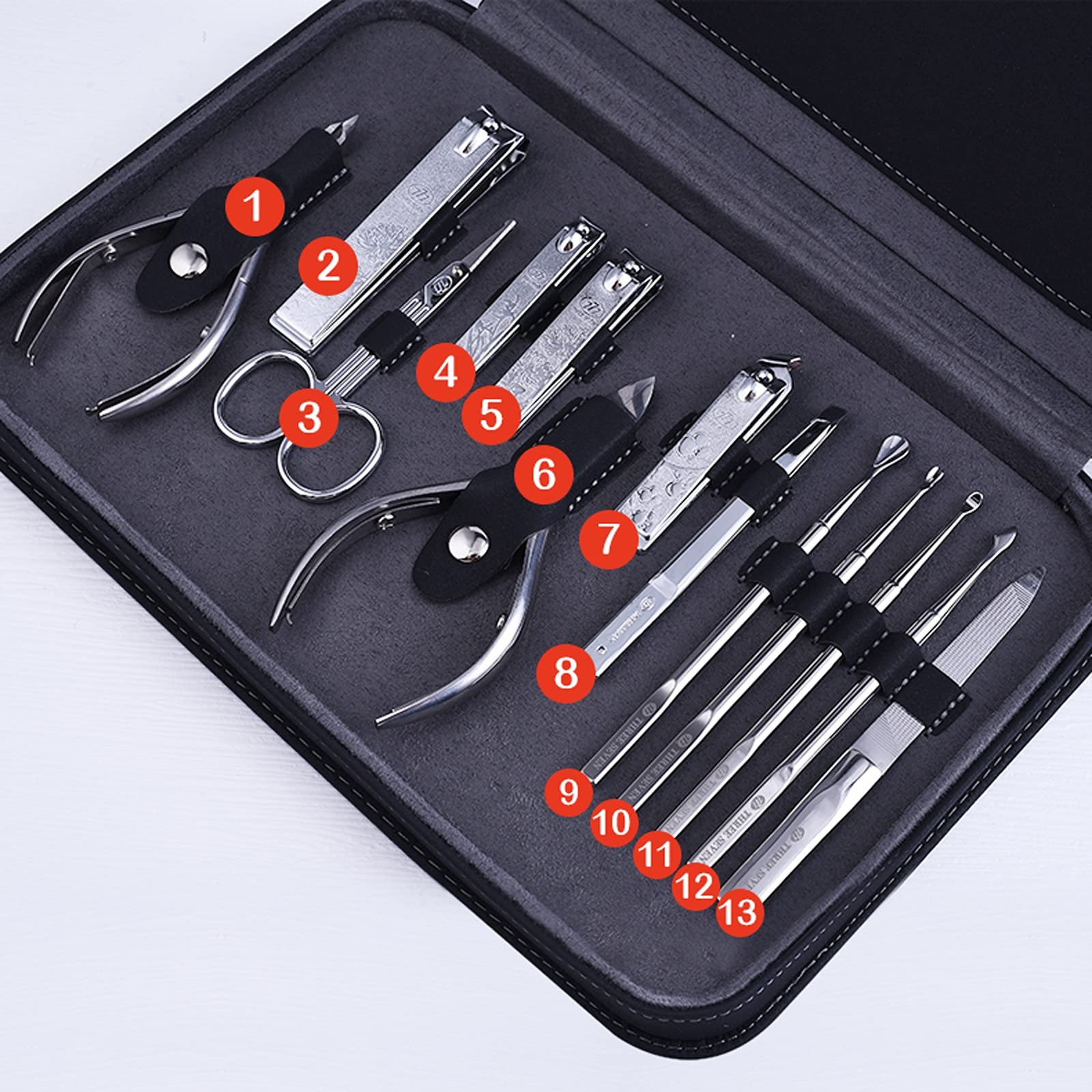 Zestaw do manicure, obcinacz do paznokci, zestaw do manicure, 13 sztuk, stal nierdzewna, profesjonalny zestaw do pielęgnacji dla dorosłych, z czarnym skórzanym etui podróżnym, najlepszy