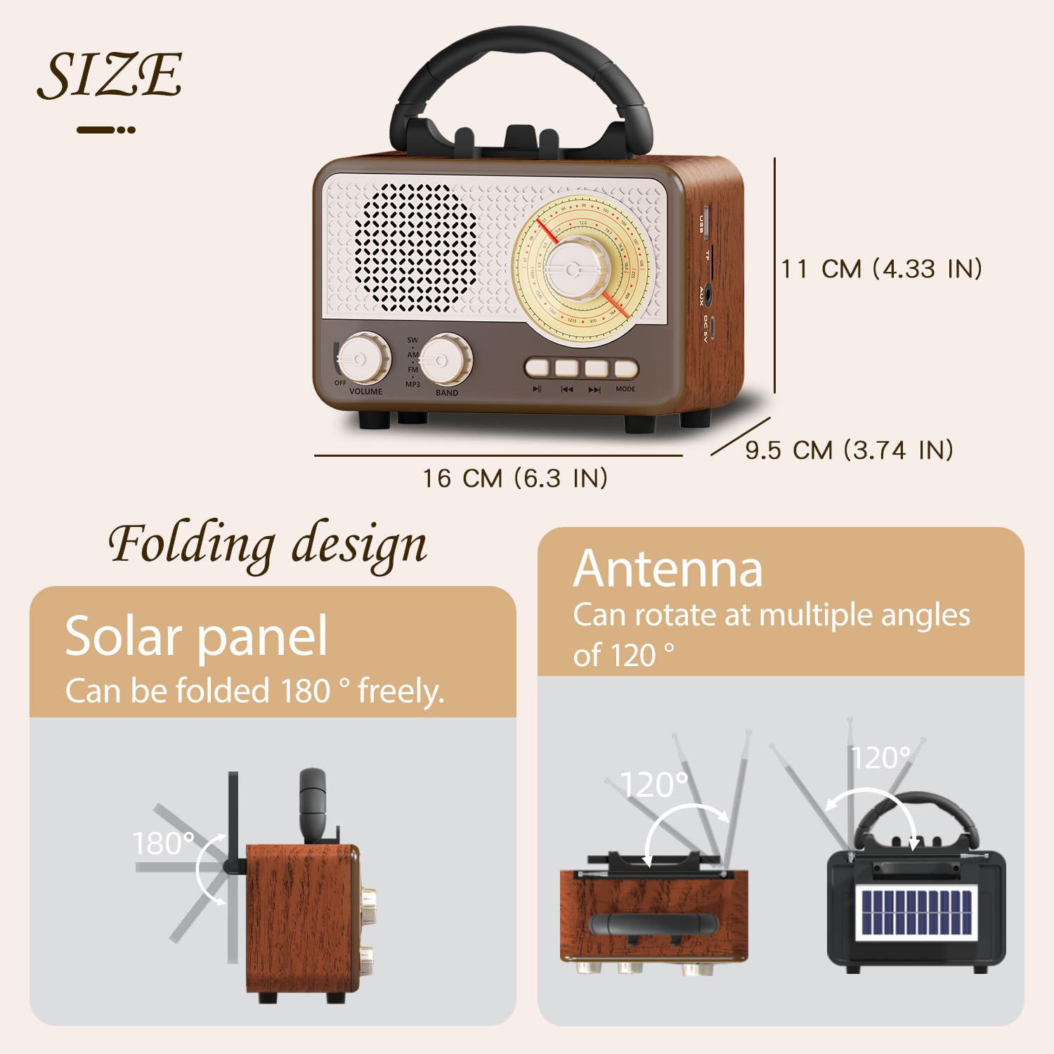 Radio Tragbar AM/FM/SW Outdoor Solar Retro Radio mit Bluetooth Lautsprecher Klein mit Stromkabel,Küchenradio Büro Handyständer Unterstützt USB/TF/AUX Funktion für Wandern Camping Geschenke für Männer