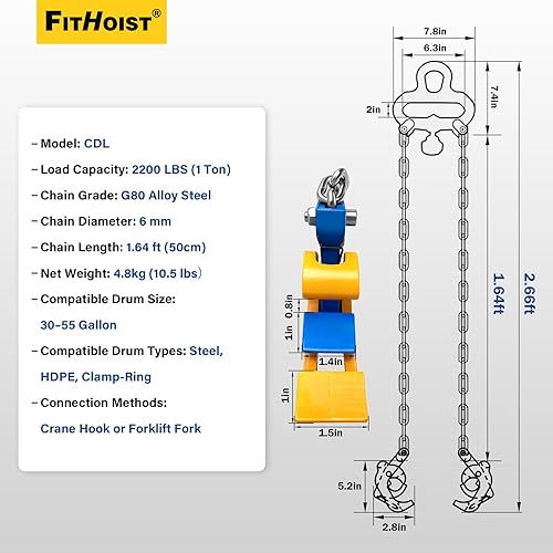 Miniatura 23 de Levantador de tambor de cadena actualizado 1 tonelada (2200 libras) de capacidad vertical Gancho de acero al carbono con resorte integrado