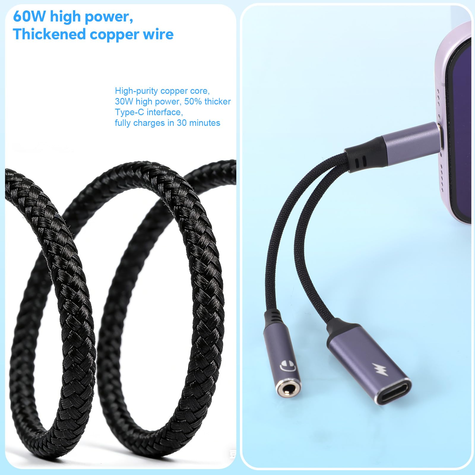 2 Pezzi Adattatore Audio da USB-C a Jack 3,5mm con Ricarica Rapida PD da 60W, Jack Cuffie DAC 2-in-1 per iPhone Gaming Auto AUX e Altro USBC
