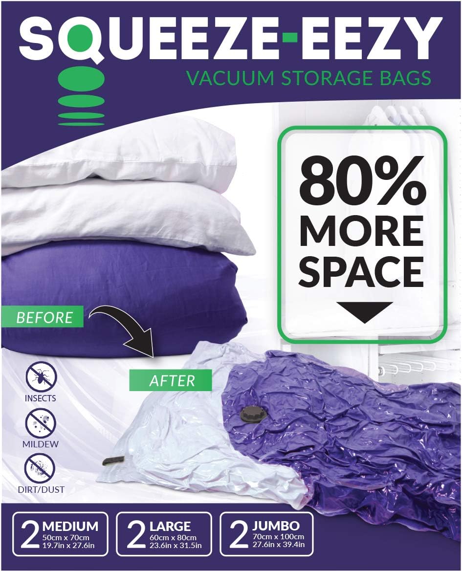 Vacuum Storage Bag Set For Clothes and Bedding, Jumbo, Large and Medium Size, Set of 6 Per Pack