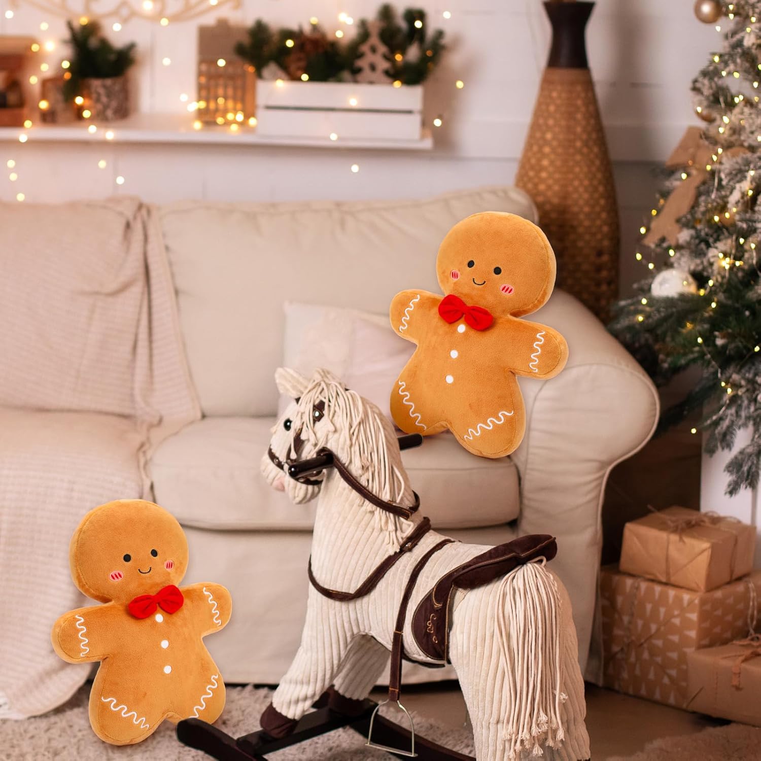 Whaline Christmas Gingerbread Throw Pillows 15.7 in Decorative Cute Stuffed Gingerbread Man Shaped Pillows for Xmas Party Home Couch Cushion, Set of 2