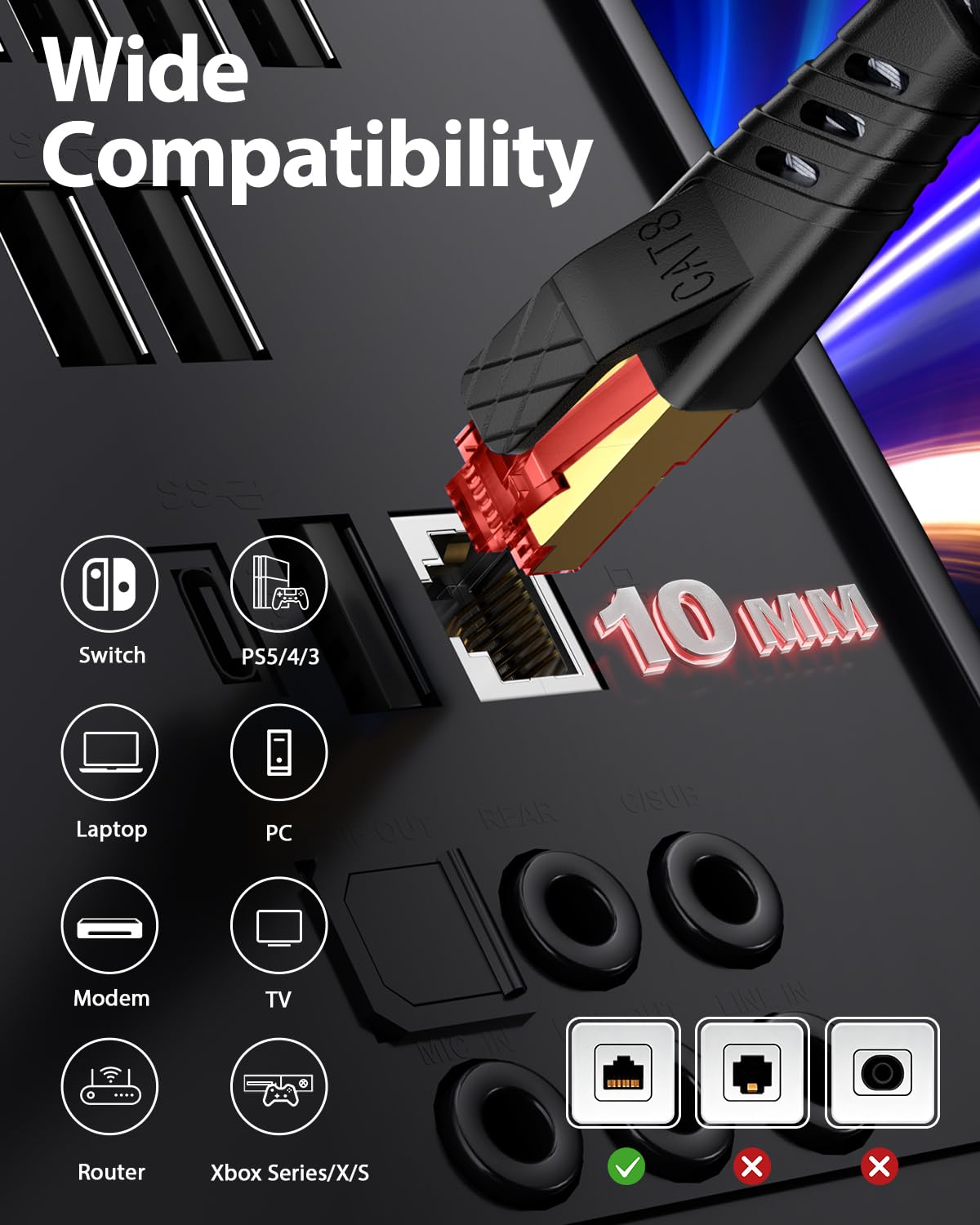 Kabel Ethernet Cat 8 0,5 m, kabel internetowy RJ45, superprzepustowość 40 Gbps 2000 MHz S/FTP, płaski nylonowy kabel LAN kompatybilny z routerem Switch TV Box Internet (0,5 m)