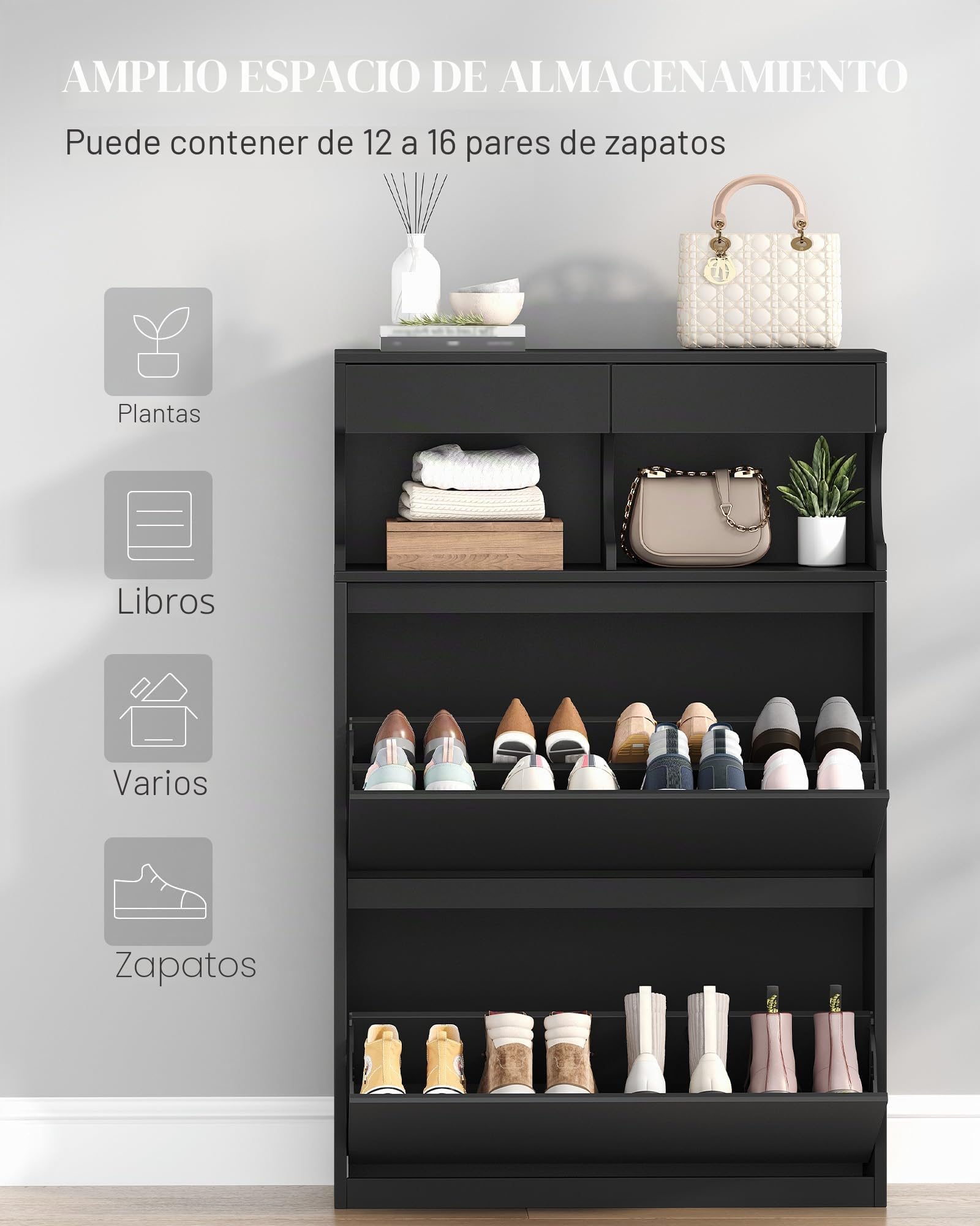 Hzuaneri Mueble Zapatero Madera, Estrecho Zapatero Entrada Recibidor, 2 Puertas y Estantes Ajustables para 16 Pares Armario, 2 Cajones, 24,5 x 80 x 124,5 cm, Negro SR45306X