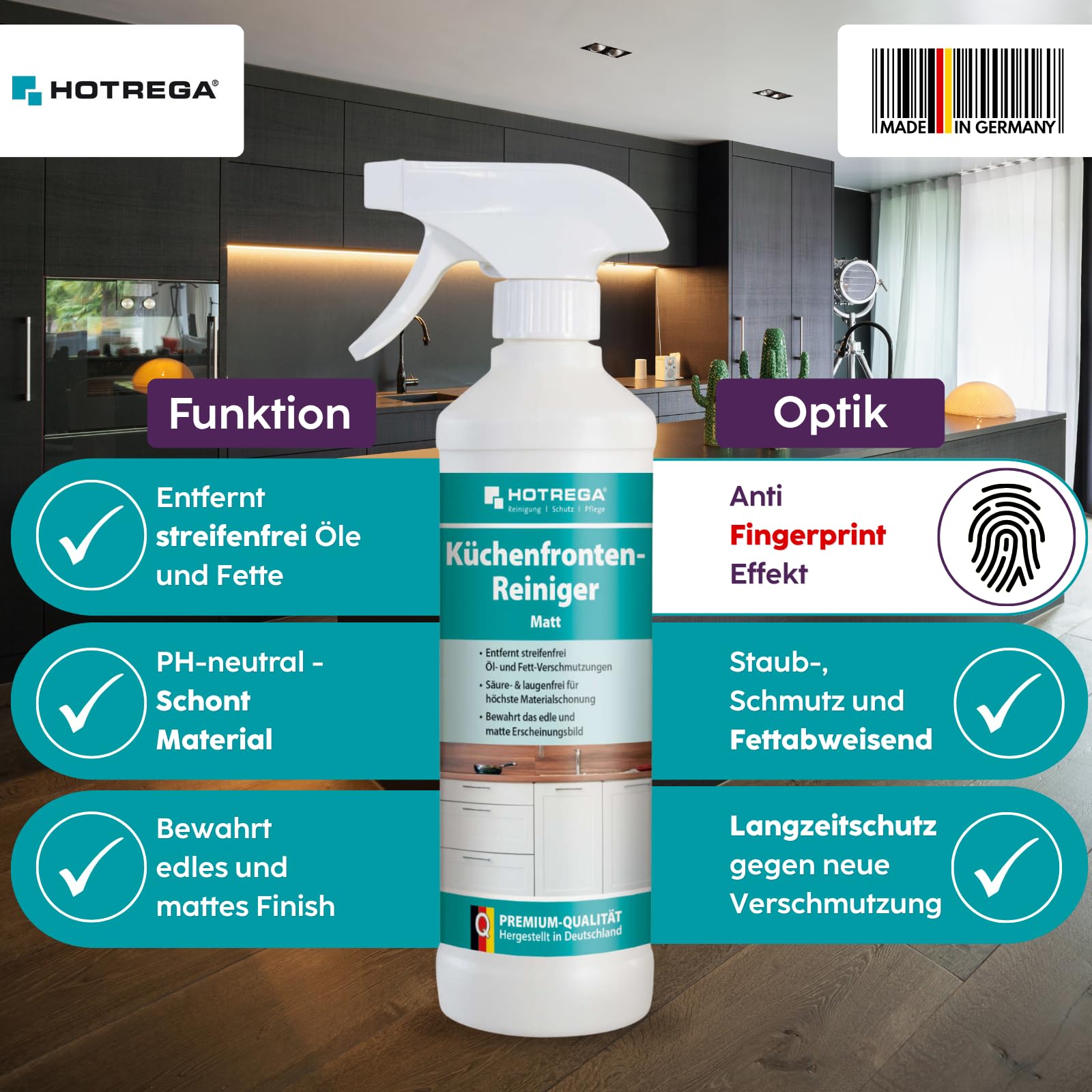HOTREGA Küchenpflege-Set matt | Reiniger für Küchenfronten & Edelstahl | Glaskeramikreiniger + Küchen-Totalreiniger | Inklusive Mikrofaser-Pflegetuch | pH-neutral & Streifenfrei | Made in Germany