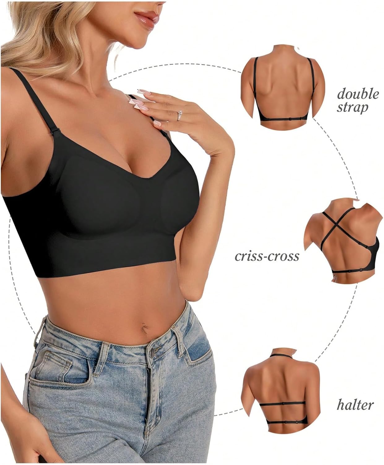 OYOANGLE Women's Low Back Bras with Padded Removeable Wirefree Seamless Bra Backless Multiway Straps Convertible Bra - Image 3