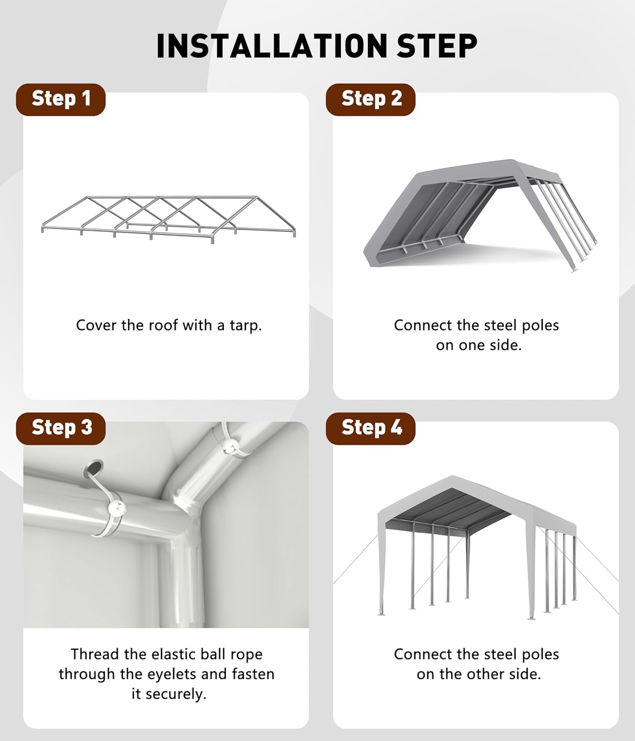 CABIHOME 13x20Ft Carport, Portable Garage with Replacement Cover, 200g PE Cover, Heavy Duty Carport Canopy with Waterproof & UV Protected, for Car, Truck, Boat, White (Frame Not Included)
