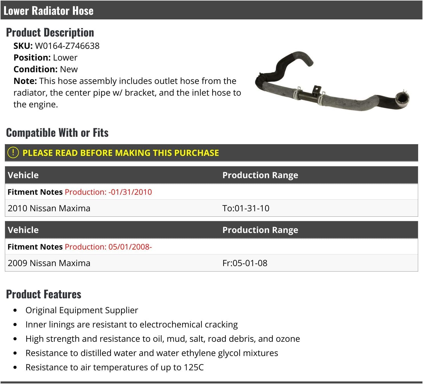 Lower Radiator Hose - Compatible with 2009-2010 Nissan Maxima (from 05/01/2008 to 01/31/2010)