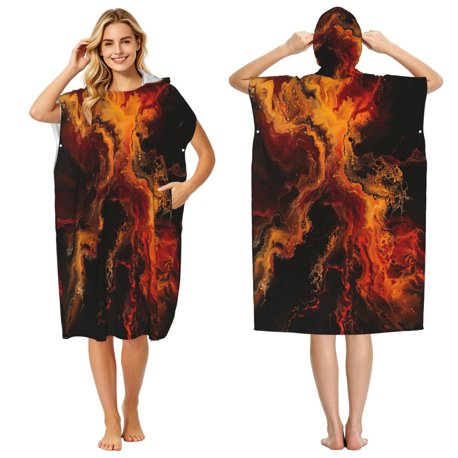 KLGRTJHK Red Flame Flowing Light Adult Hooded Beach Poncho Towel 43"X35"