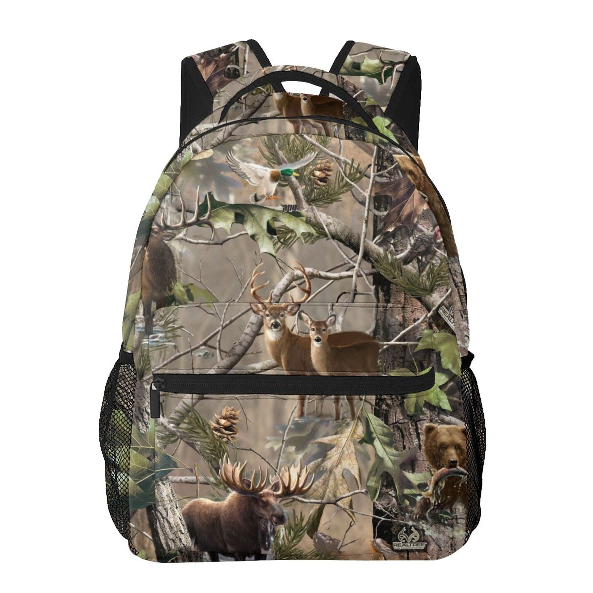 AMRANDOM Lightweight Water Resistant Backpacks For Mens Womens Bookbags (Hunting Camo Moose Deer Bear Fish Animal Pattern)