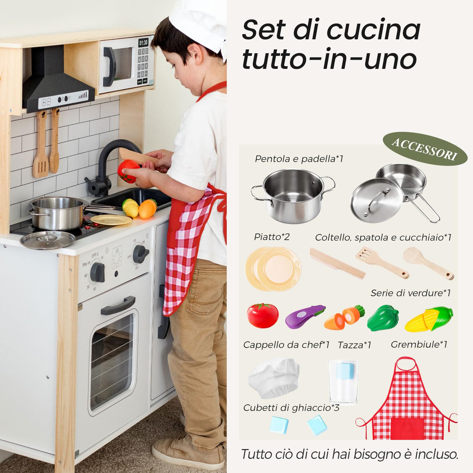 Tiny Land Cucina Giocattolo Per Bambini con 18 accessori per cibo e pentole giocattolo Set da gioco Set da gioco per chef in legno per bambini con luci e suoni reali
