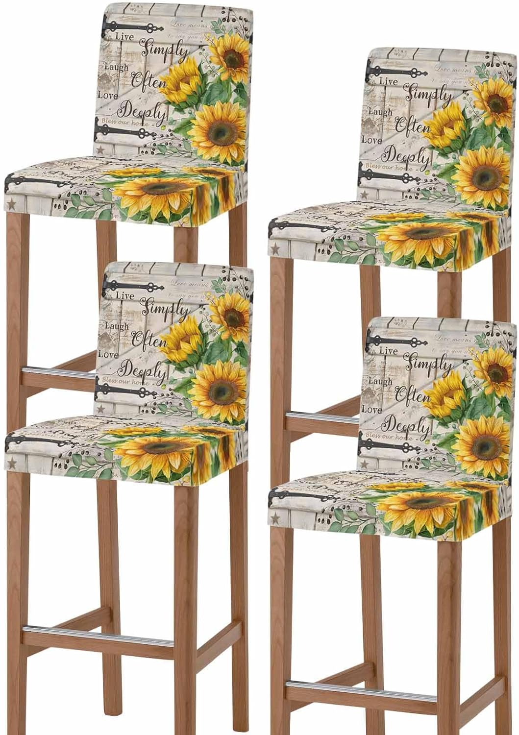 Sunflower Bar Stool Covers Set of 4, Yellow Flowers Summer Botanical Wooden Stretch Washable Bar Chair Covers with Backs, Removable Pub Counter Height Chair Cover for Kitchen Dining Room Cafe