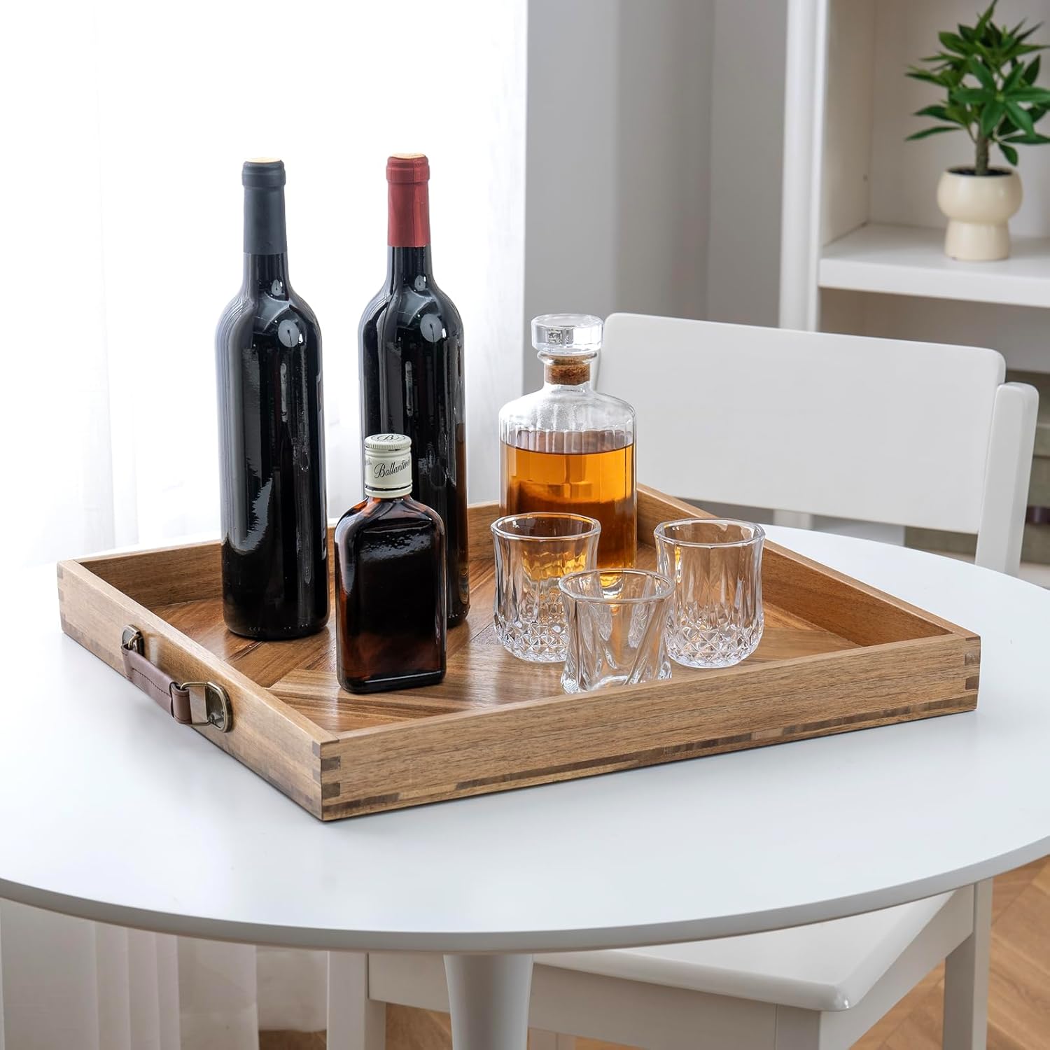 MyGift 18-Inch Herringbone Solid Acacia Wood Serving Tray – Square Ottoman Tray with PU Leather Handles, Rustic Coffee Table or Breakfast Display Tray - Image 5