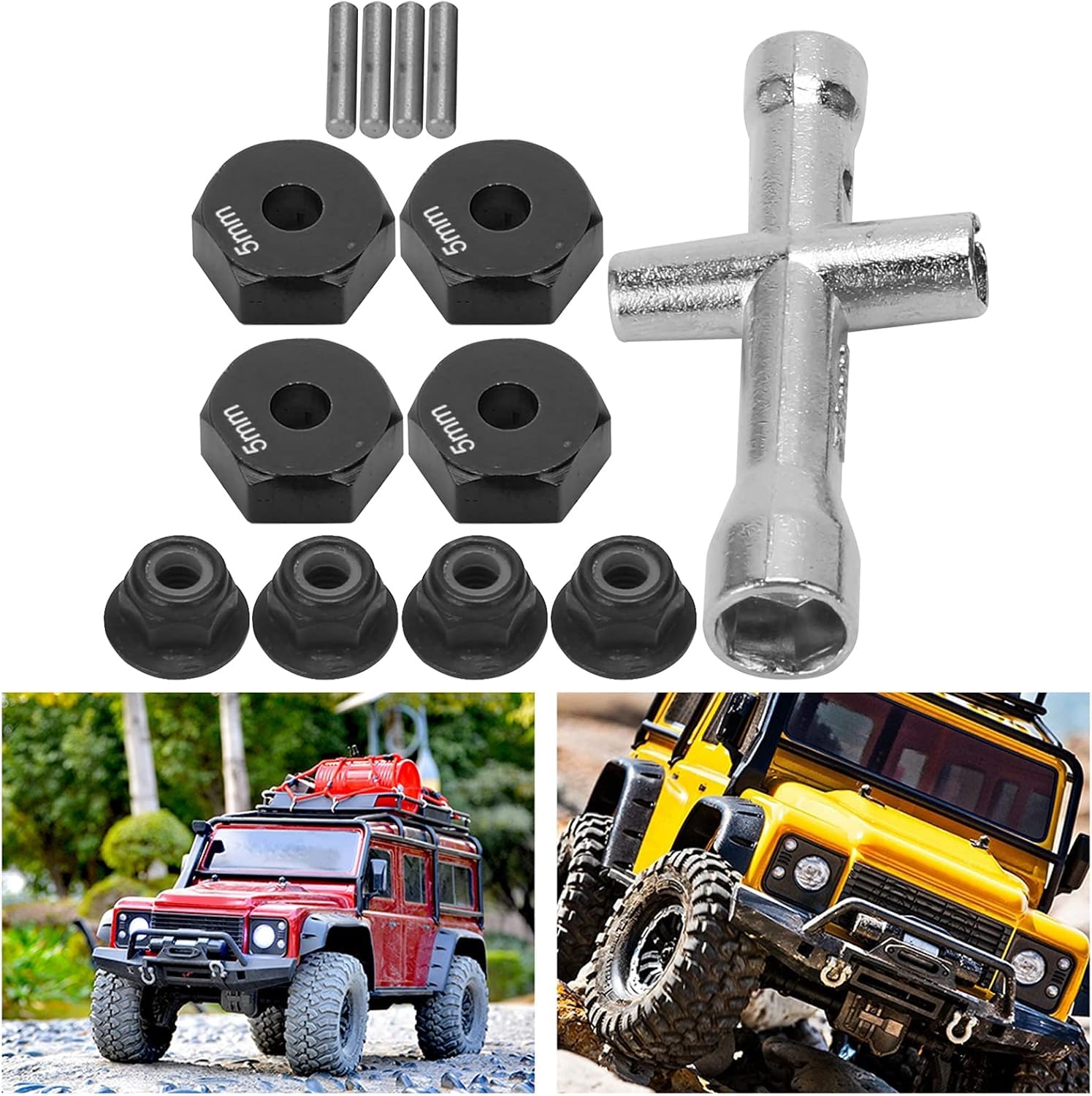 Adaptateur Hexagonal de Roue RC, Adaptateur Hexagonal de Roue de Camion de Voiture RC 12mm 1/10 + écrou Antidérapant + Boulon + Clé Croisée Pièce de Jouet Modèle RC(Or