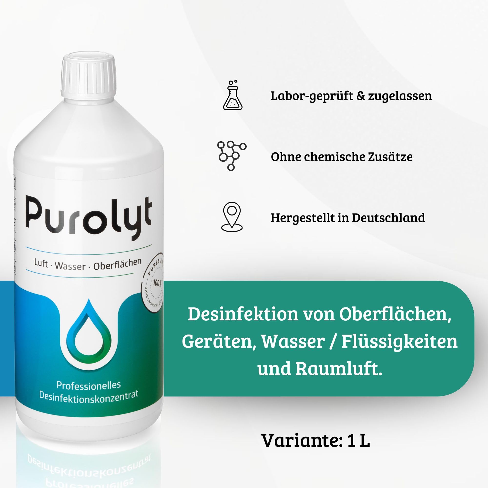 Purolyt Desinfektionskonzentrat 1L HOCl Gewächshaus Hydrokultur | Ergiebige 1L-Größe. Für Bio-Produktion zugelassen (EG) Nr. 834/2007. Vegan, alkoholfrei – Dermatest sehr gut.
