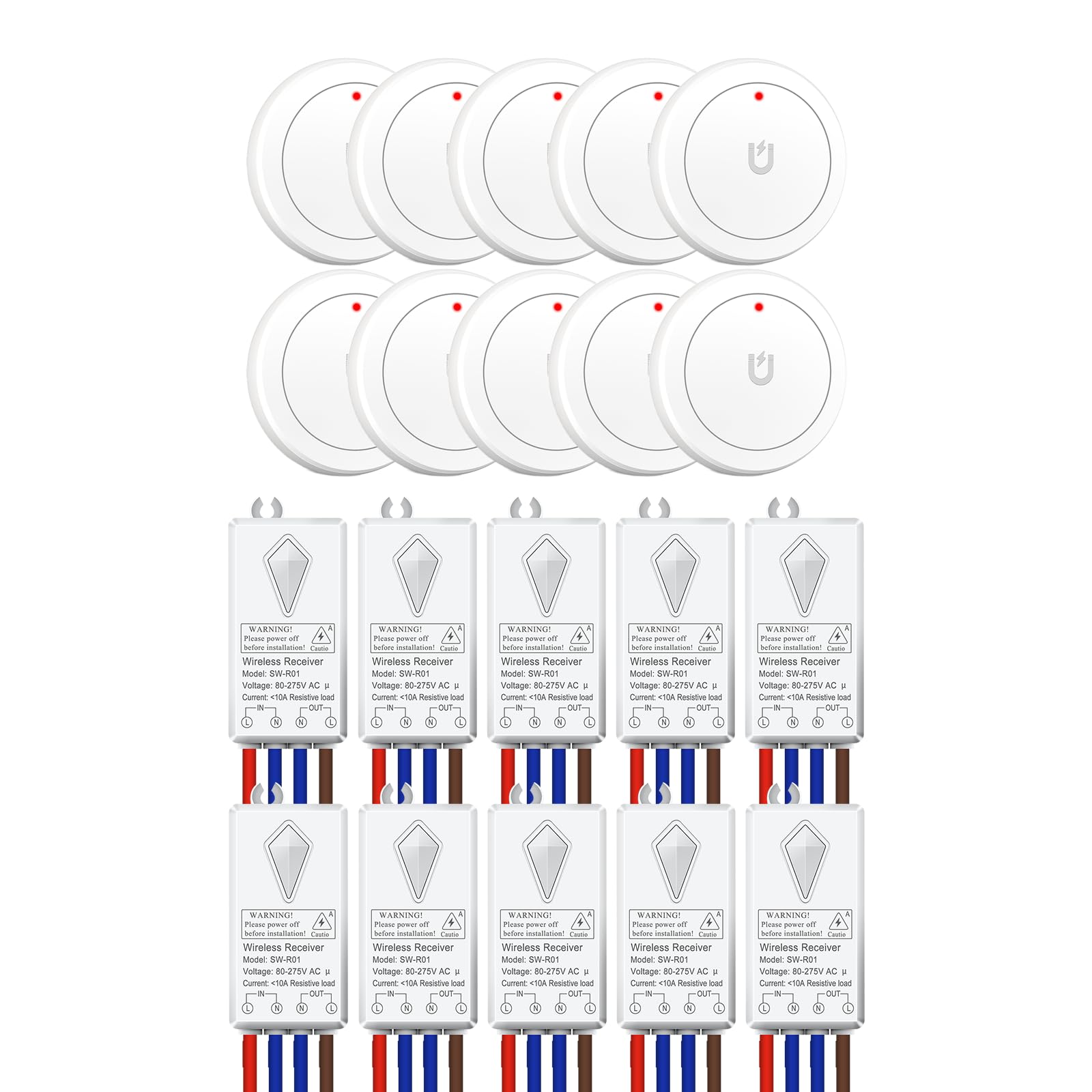 NineLeaf Funk Lichtschalter 230V Set, Mini Funkschalter mit 100m Funkreichweite, keine Verkabelung erforderlich, 10A 1000W für LED-Leuchten, Lampen und Ventilatoren,10 Packs