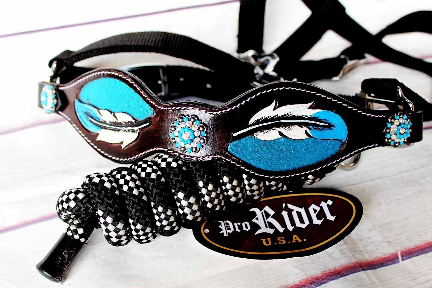 ProRider Horse Noseband Tack Bronc Leather Halter Tiedown Lead Rope Rodeo Blue 280M80192