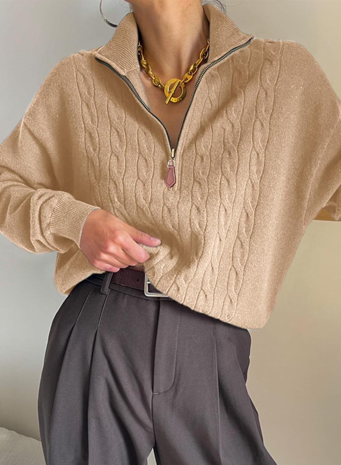 Dokotoo Women's Sweaters 2026 Fall Winter Quarter Zip Casual Ribbed Cable Knit Pullover - Image 4