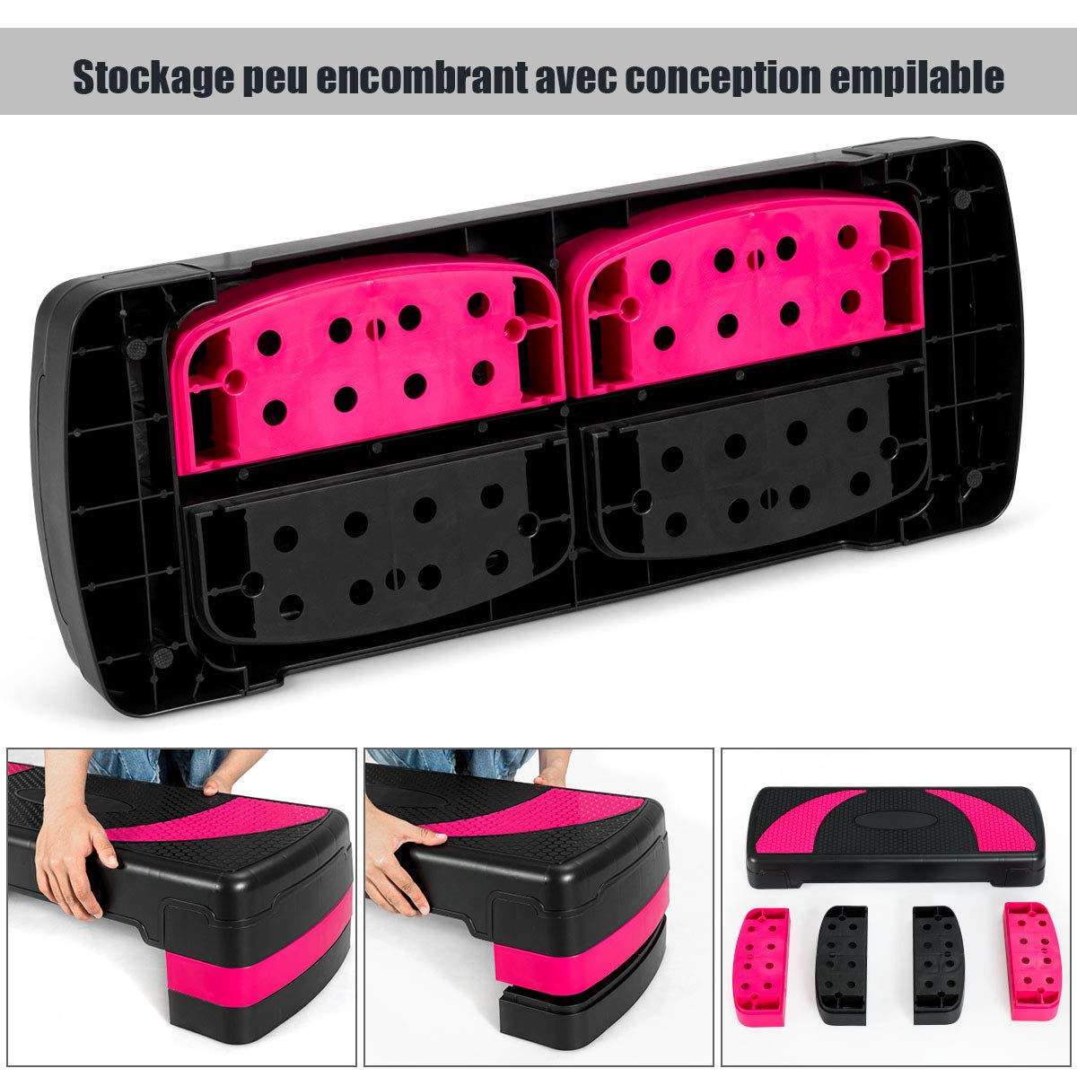 COSTWAY Aérobic Step Fitness Réglable Hauteur 3 Niveaux 10/15/20CM Surface Antidérapant Capacité Poids 250KG Noir