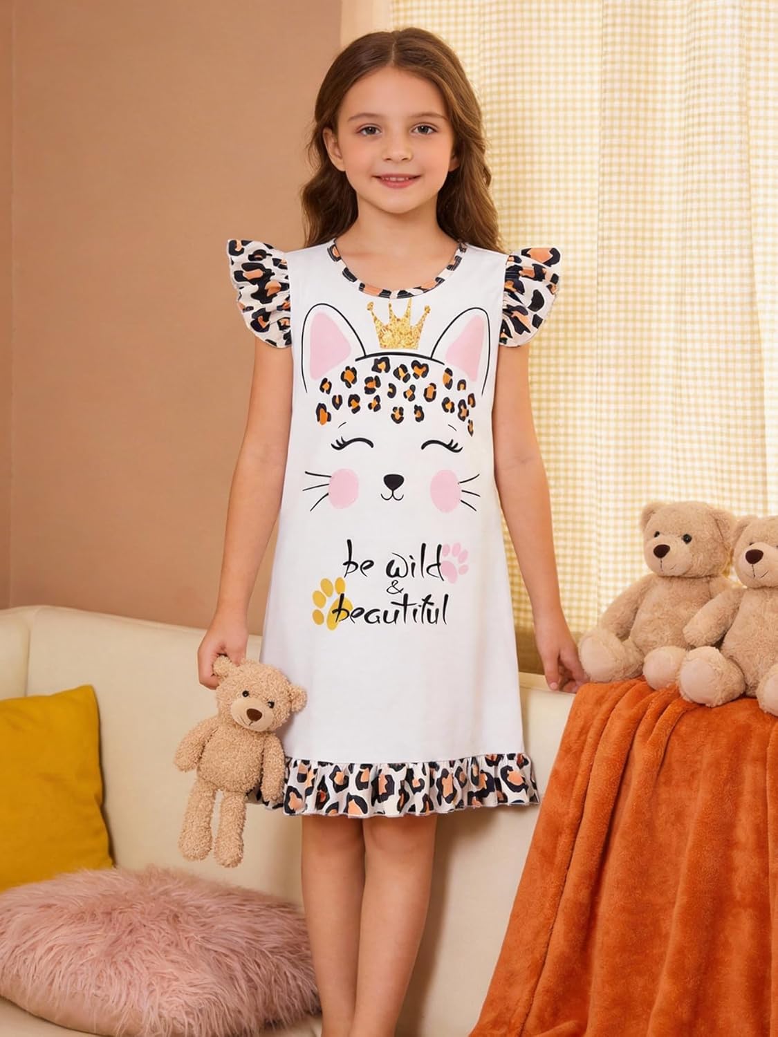LQSZ 2Pcs Girls Nightgowns 3-10 Years Flutter Short Sleeves Nightdress Nightie Dress Sleepwear Pajamas for Little Girls - Image 4