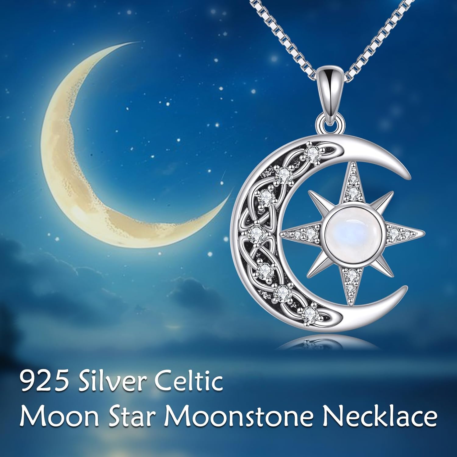 Celtic Knot Crescent Moon and Star Necklace, 925 Sterling Silver Natural Moonstone Pendant, Mystical Celestial Jewelry Gift for Women - Image 6