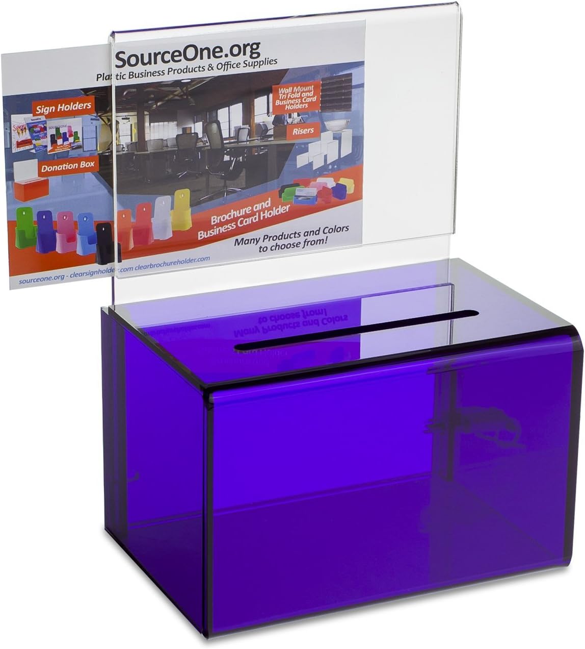 Source One Small 5-Inch Wide Deluxe Oblong Donation Box with Ad Frame & Free Lock (Purple)