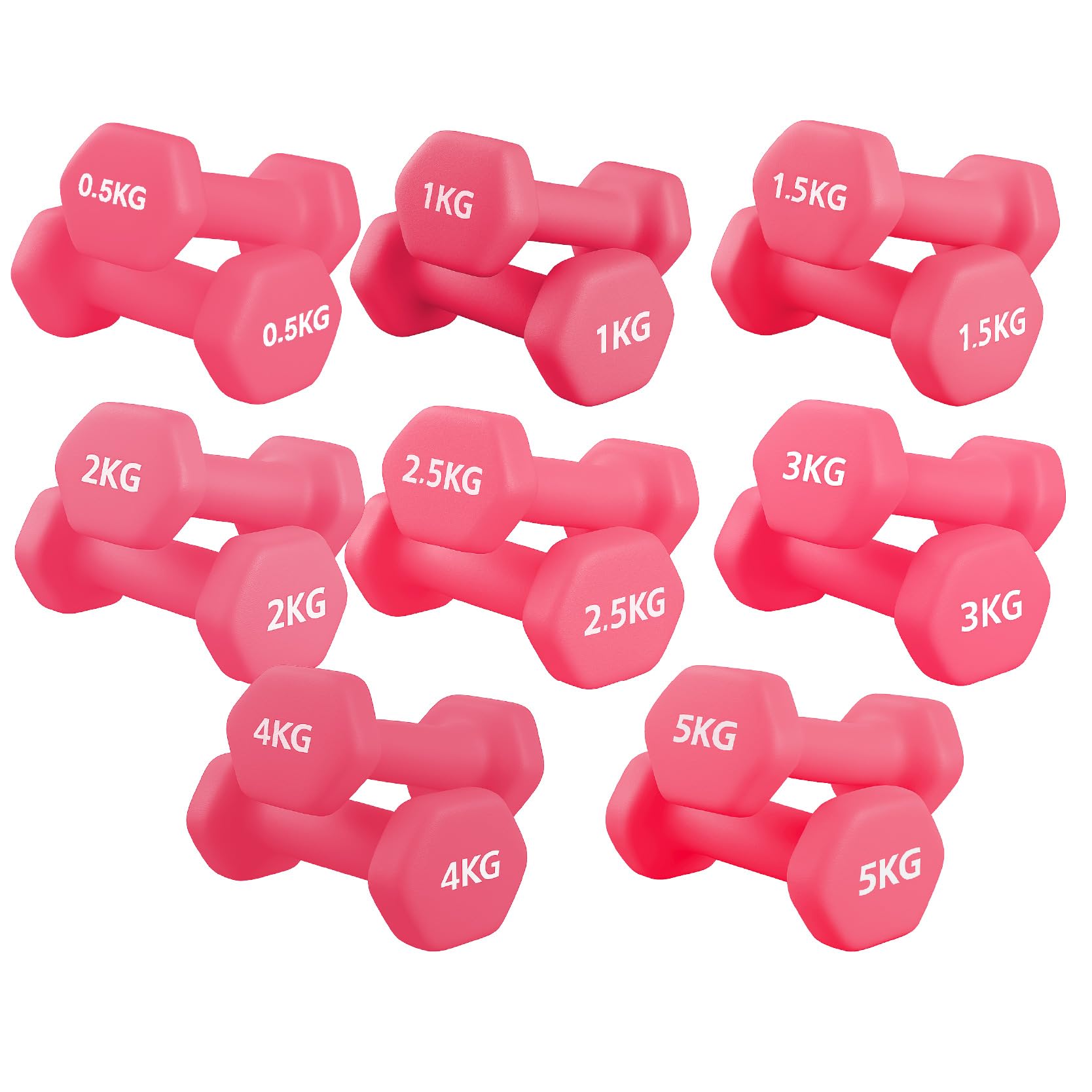 Neoprene Dumbbells Pair for Women Home Gym, Hex No-Roll Design, Non-Slip Grip, Colour Coded Weights Set, 0.5kg to 10kg (0.5 to 5KG-Set-Pink)