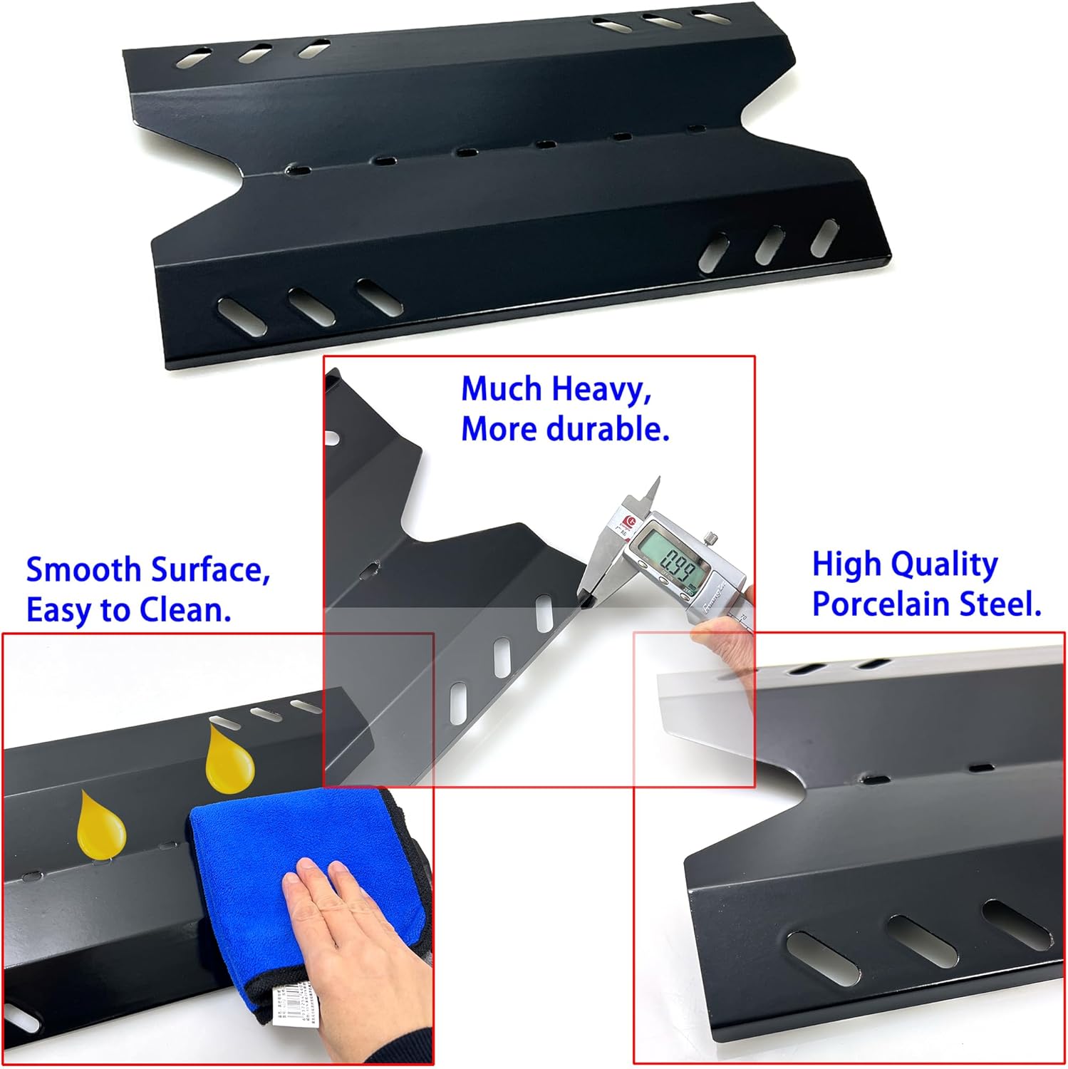 Close-up of a porcelain steel heat plate being cleaned with a cloth.