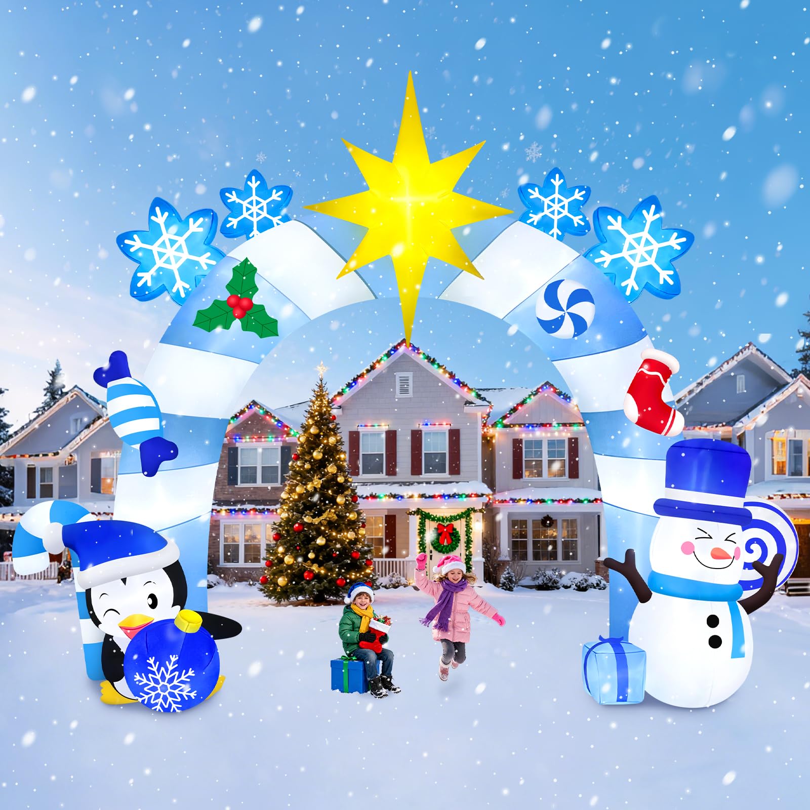 12 pies Arco Inflable Navideño, Kalolary Muñeco Nieve Azul de Invierno Pingüinos Túnel Inflable Navideño Decoración Navideña para Exteriores el Hogar Fiestas Césped Jardín Centro Comercial Calle
