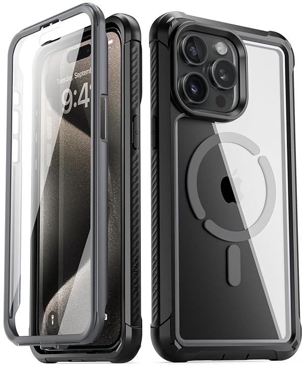 Poetic Guardian MagPro Case for iPhone 15 Pro 6.1 Inch,[Compatible with MagSafe][20 FT Mil-Grade Drop Tested] Full-Body Shockproof Rugged Clear Cover with Built-in Screen Protector, Black/Clear by Poetic - Used condition - US$9.43