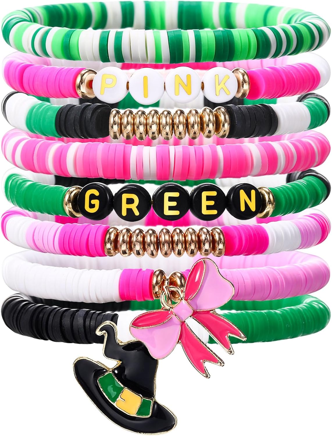 8 Pcs Witch Friendship Bracelets Adjustable Green Pink Braided Matching Bracelet with Witch Hat Pink Bow Movie Merchandise Gift BFF Couples Accessories for Fans Party Favors Dress Decor