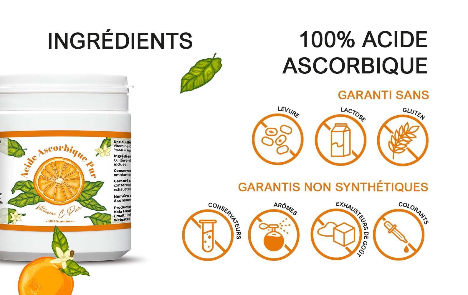 Kala Health - Vitamine C Pure 5 kg - Poudre de vitamine C - Acide ascorbique pur - Fourniture de 5000 jours x 1000 mg dosage élevé - Avec cuillère-doseuse - Végétalien - Qualité premium