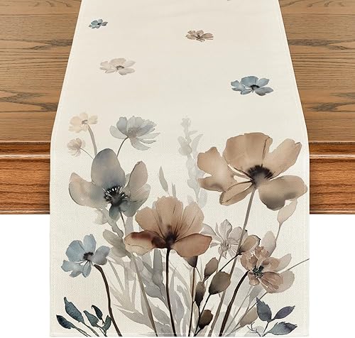 Artoid Mode Camino de mesa de primavera con hojas florales de amapola marrón, decoración de mesa de comedor de cocina de verano de temporada para