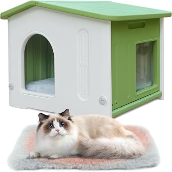 Plastic Cat House for Outdoor Indoor Use Stackable Wild Cat Shelter Indoor Cat House Insulated Weatherproof Waterproof Green