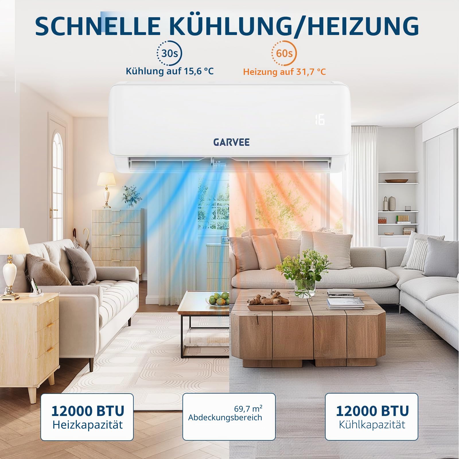 Klimaanlage Split, Kühlung und Heizung, 12000 BTU Split Klimaanlage, Inverter Klimagerät, Wifi & App Klimaanlage Wandmontage, Sehr Leise, Timerfunktion, R32 Kältemittel, Energieeinsparung, bis 110qm