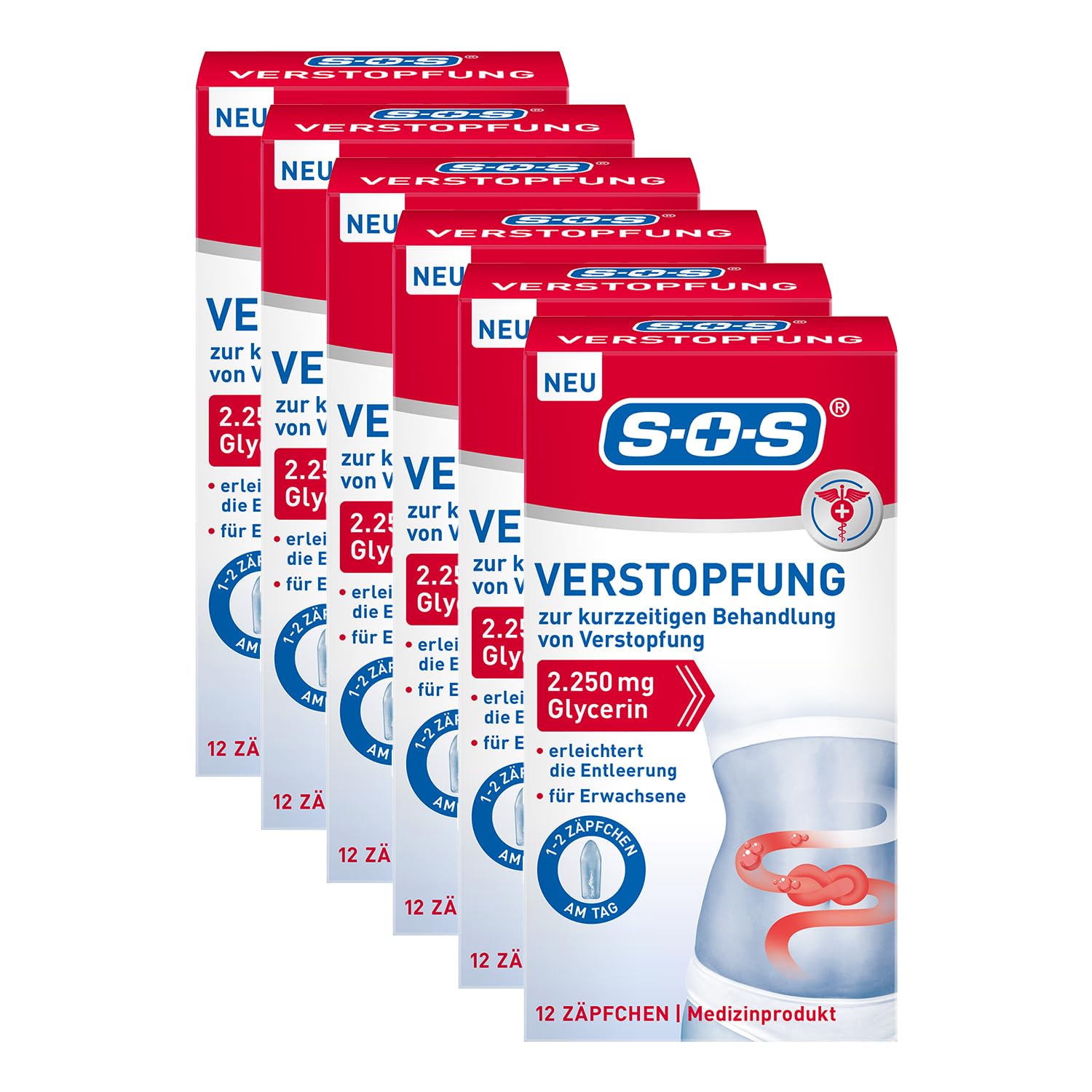 SOS Verstopfungs-Zäpfchen | Zur kurzfristigen Behandlung von Verstopfung | 2.250 mg Glycerin | 6 x 12 Zäpfchen für Erwachsene