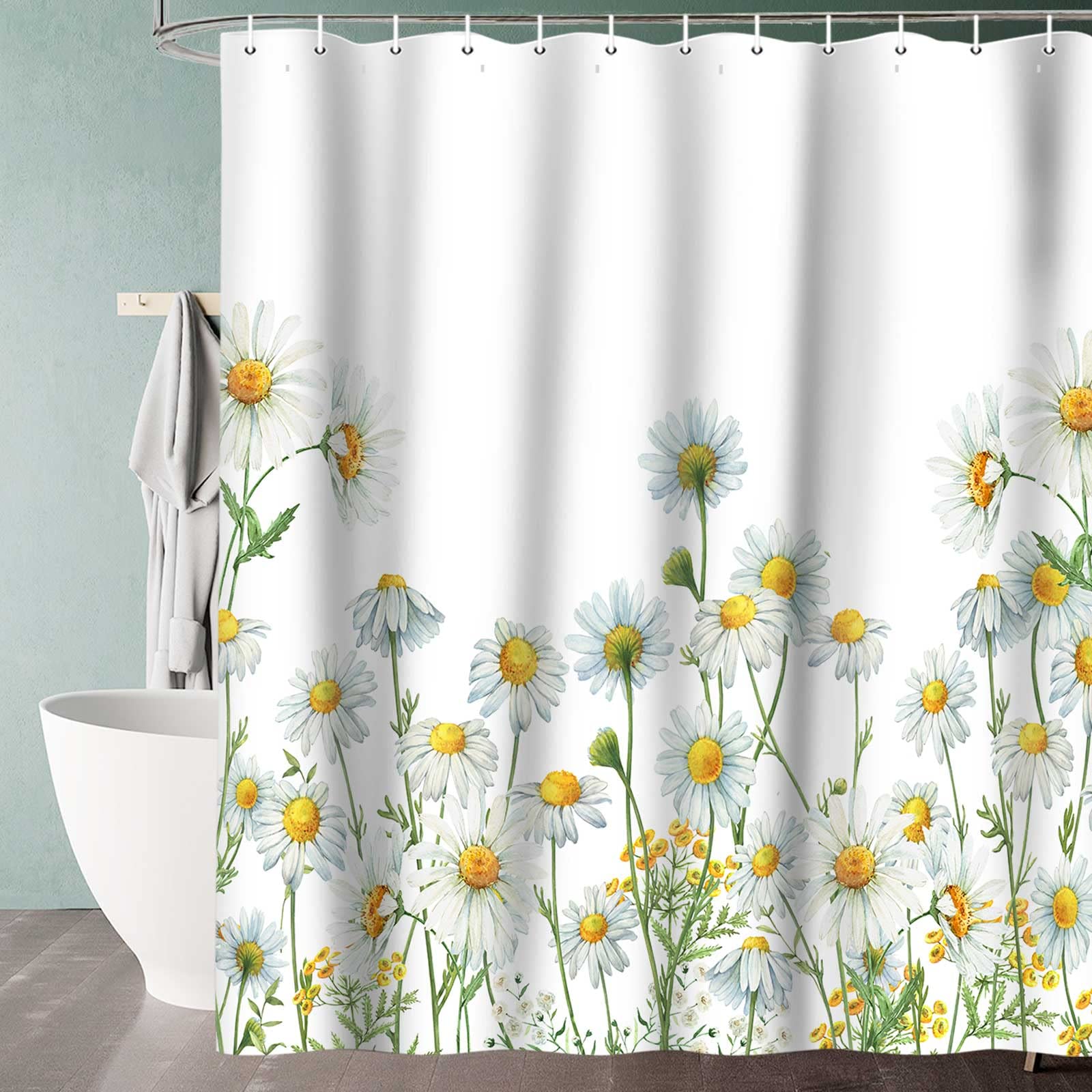 Lacoiime Daisy Shower Curtain, Floral Daisy Shower Curtains Cloth Rustic Farmhouse Shower Curtain Set, White Daisy Fabric Bathroom Curtains with 12
