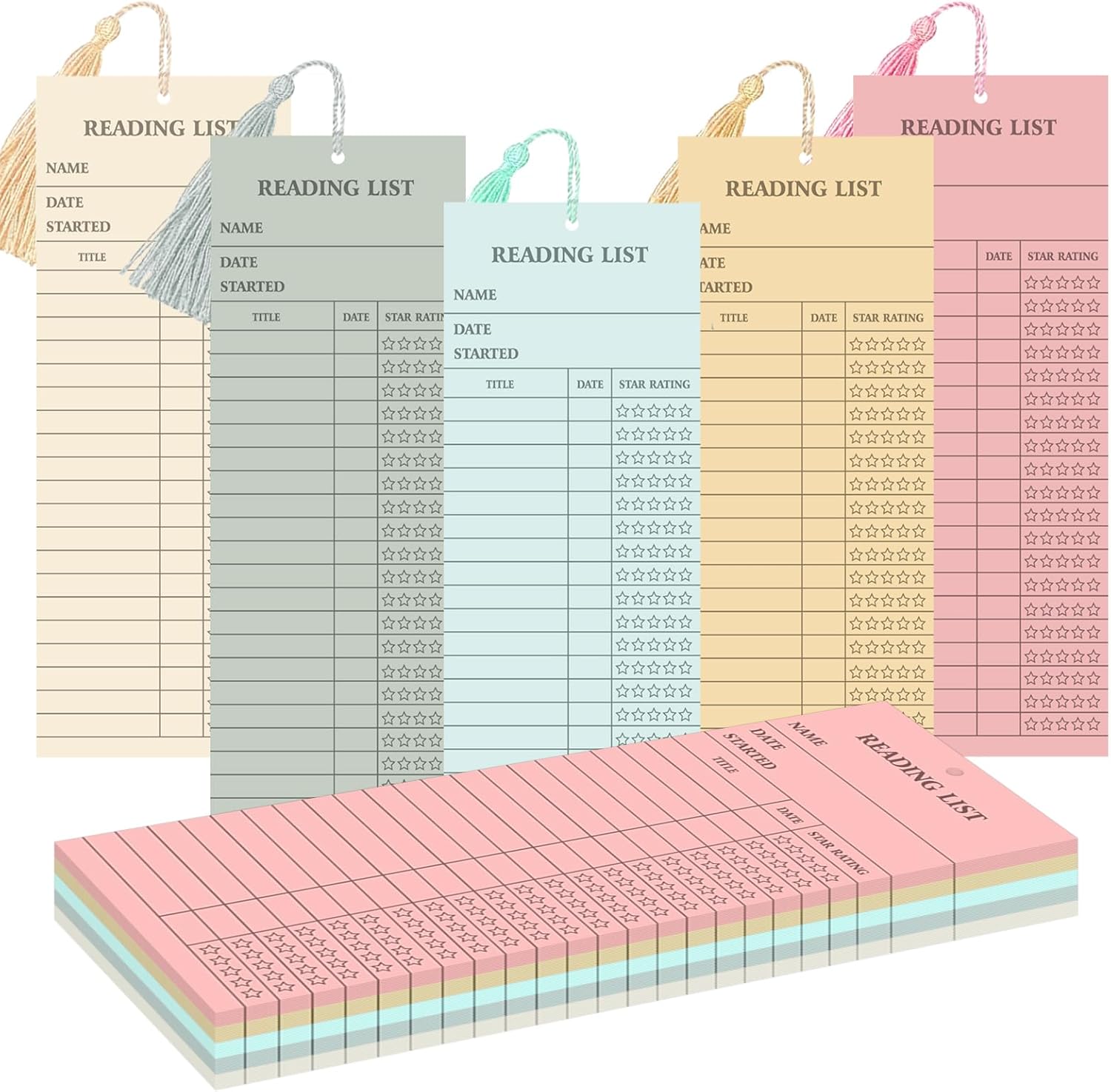 50 Pcs 5 Color Reading List Bookmarks with 10 Bookmark Tassels 3x8 Inch Bulk Reading Log Book Tracker Bookmarks for Book Lovers, Students, Teachers (Multicolor)