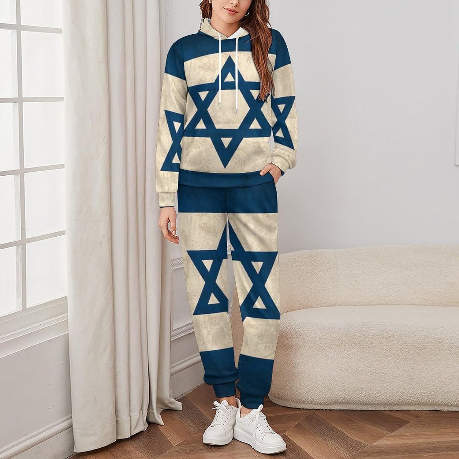 Vintage Israel Flag Men‘s Track Suits Casual Sets 2 Piece Outfits Sweatsuit for Women Hooded Sweatshirt and Pants