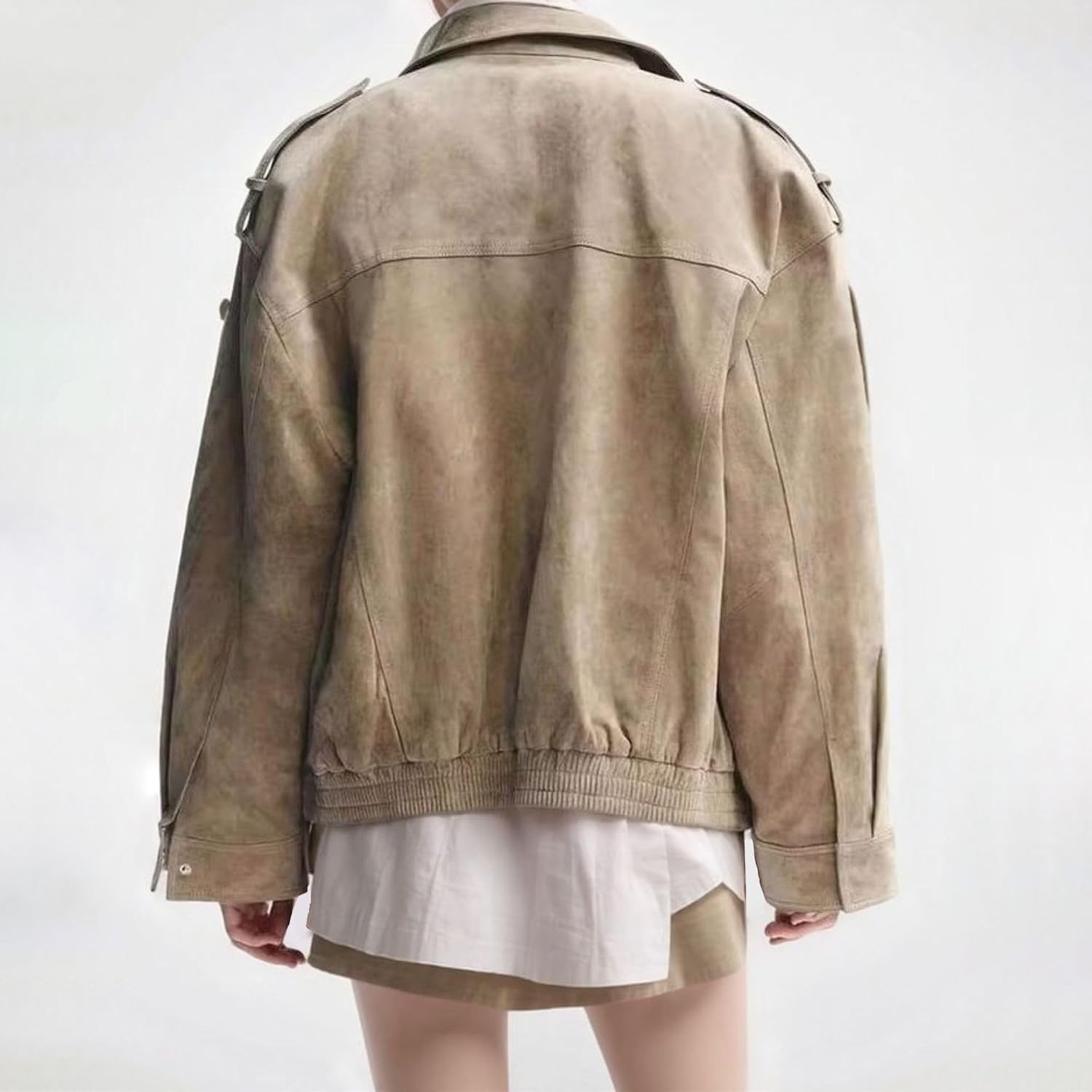 Xunger Women’s Suede Bomber Jacket Vintage High Collar Long Sleeve Zipper Oversized Faux Leather Coat with Pockets - Image 3