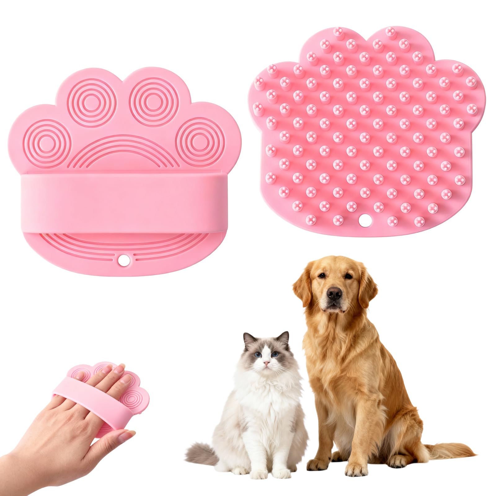 Brosse de Bain pour Chats, Brosses de Toilettage pour Chien, Brosse de Massage avec Poignée en Anneau, Douche pour Animaux de Compagnie, Enlève les Poils Morts, la Salette et la Poussière (Pink)