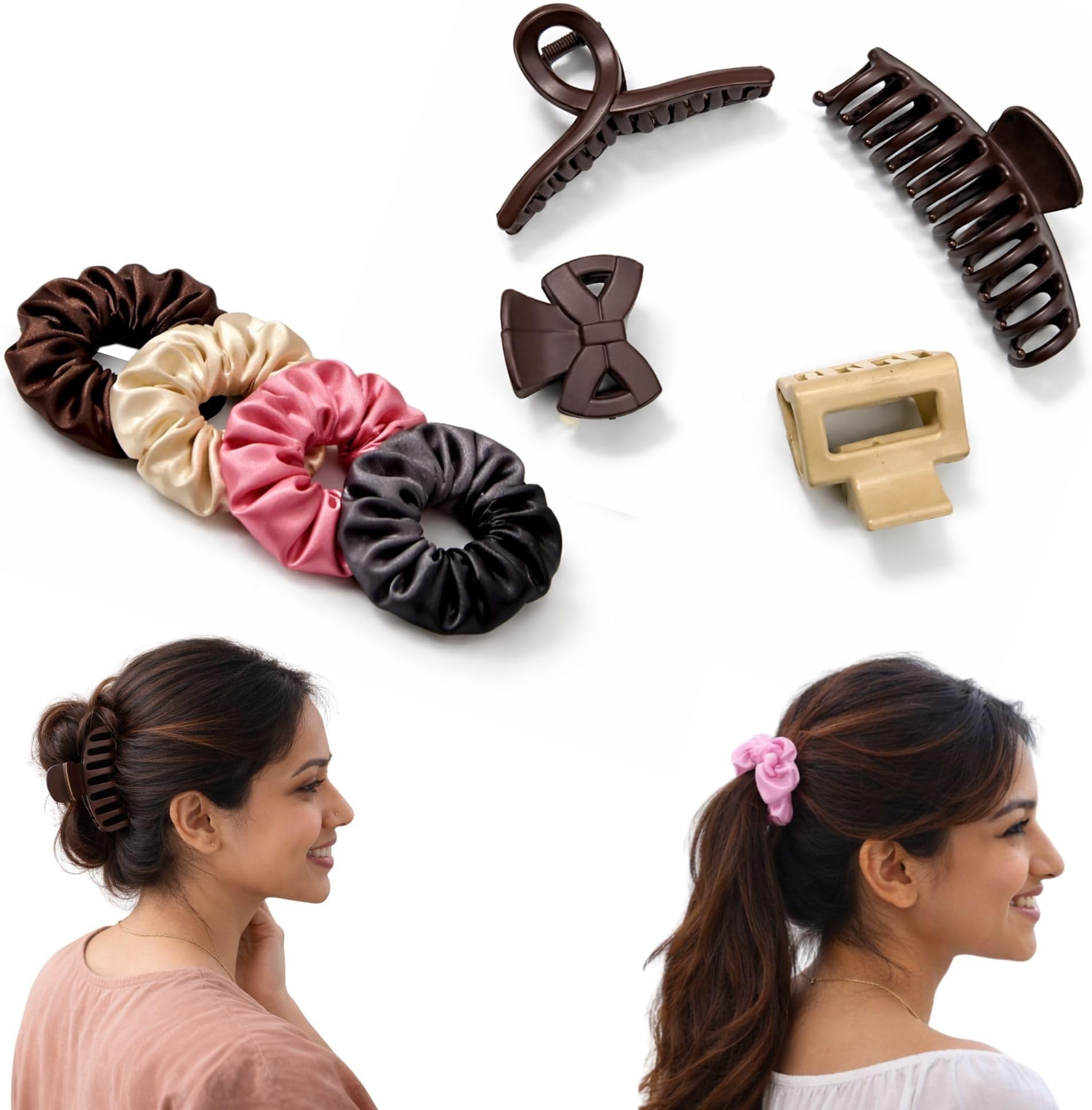 - Hair Claw Clips Hair Bands Combo for Women 4 pcs Claw Clips (2 Small + 2 Large) with 5 pcs Soft Hair Rubber Bands Everyday Hair Accessories for Girls & female Multicolor