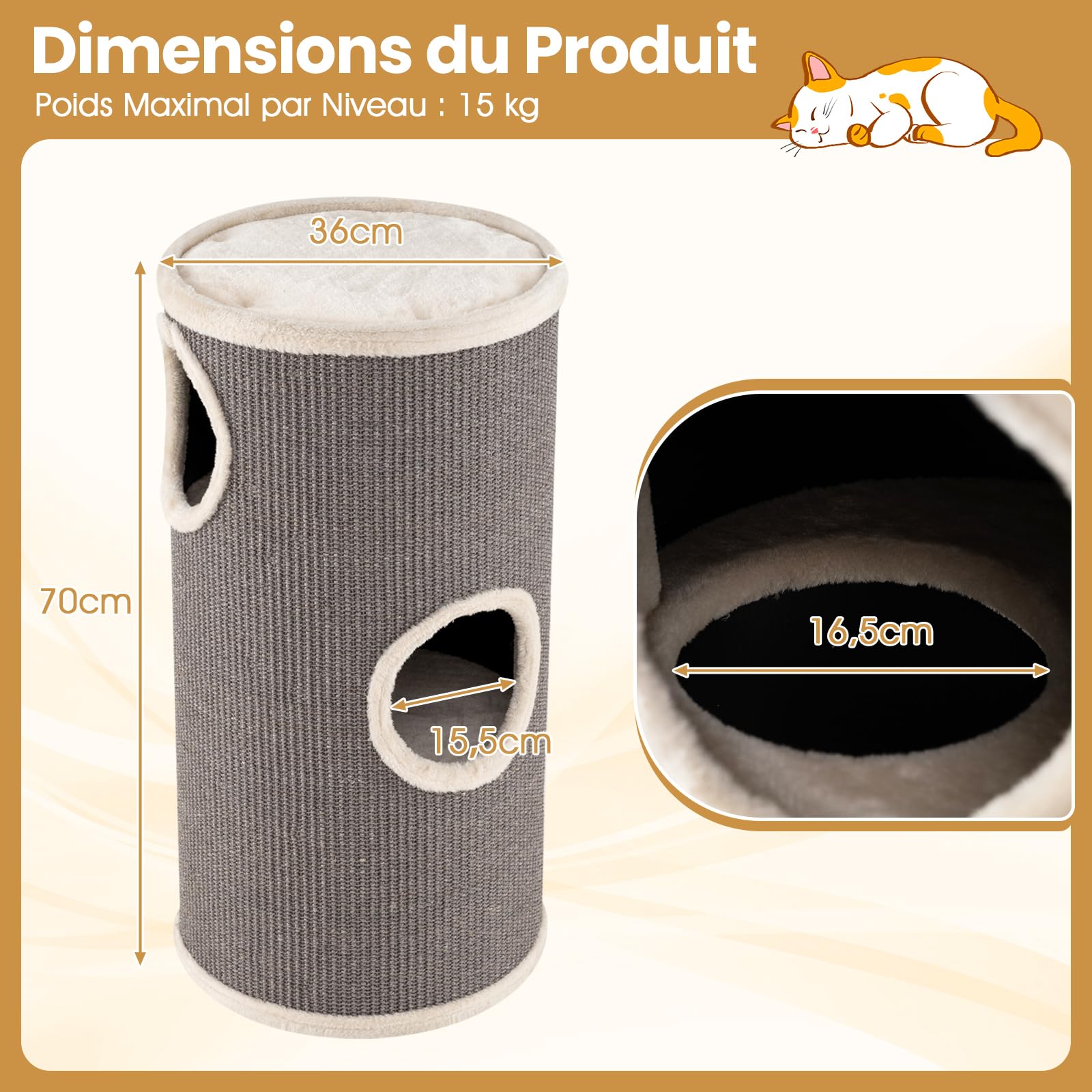 GYMAX Tonneau à Gratter pour Chat 70cm avec 3 Cachettes, Tour à Griffer Chat avec Perchoir en Peluche, Griffoir en Sisal, Entrées, Meuble Colonne Multi-Niveaux pour Chatons, Ø 36 cm