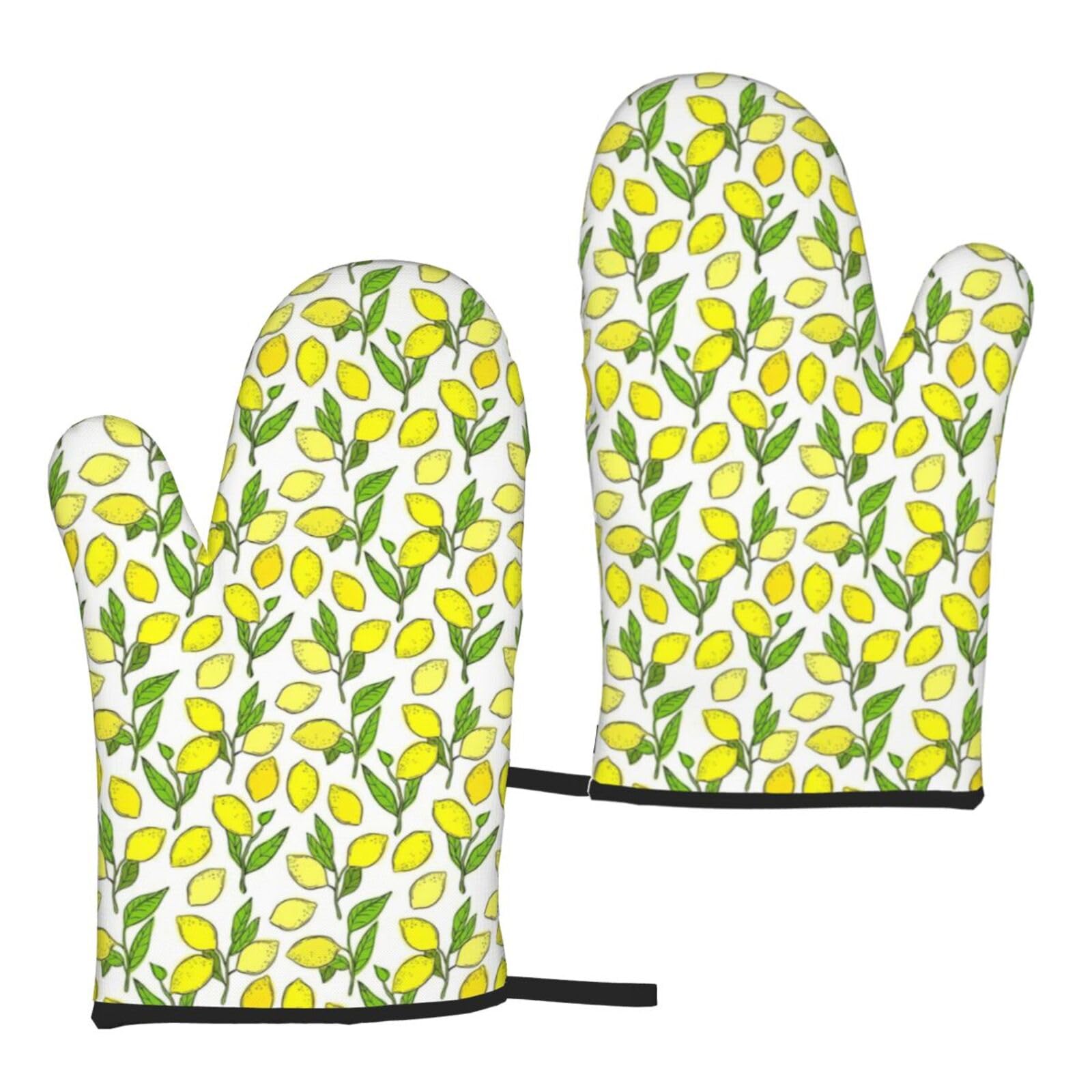 Nimongt Women's Black Yellow Fresh Lemons Print Adults Universal Fit Heat Resistant Oven Gloves Reusable Cooking Outdoor Grilling